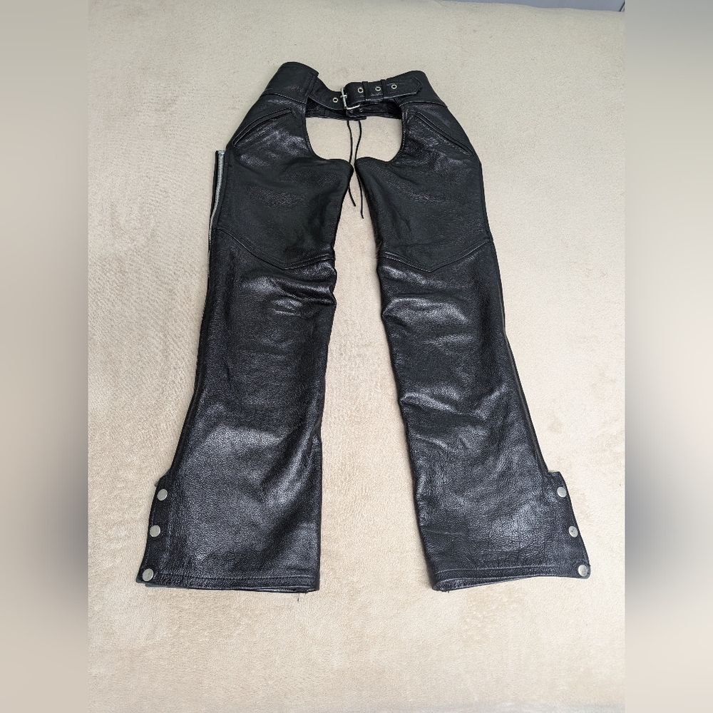 LOVE Leathers chaps straight leg pants zip up legs corset ties adjustable long
